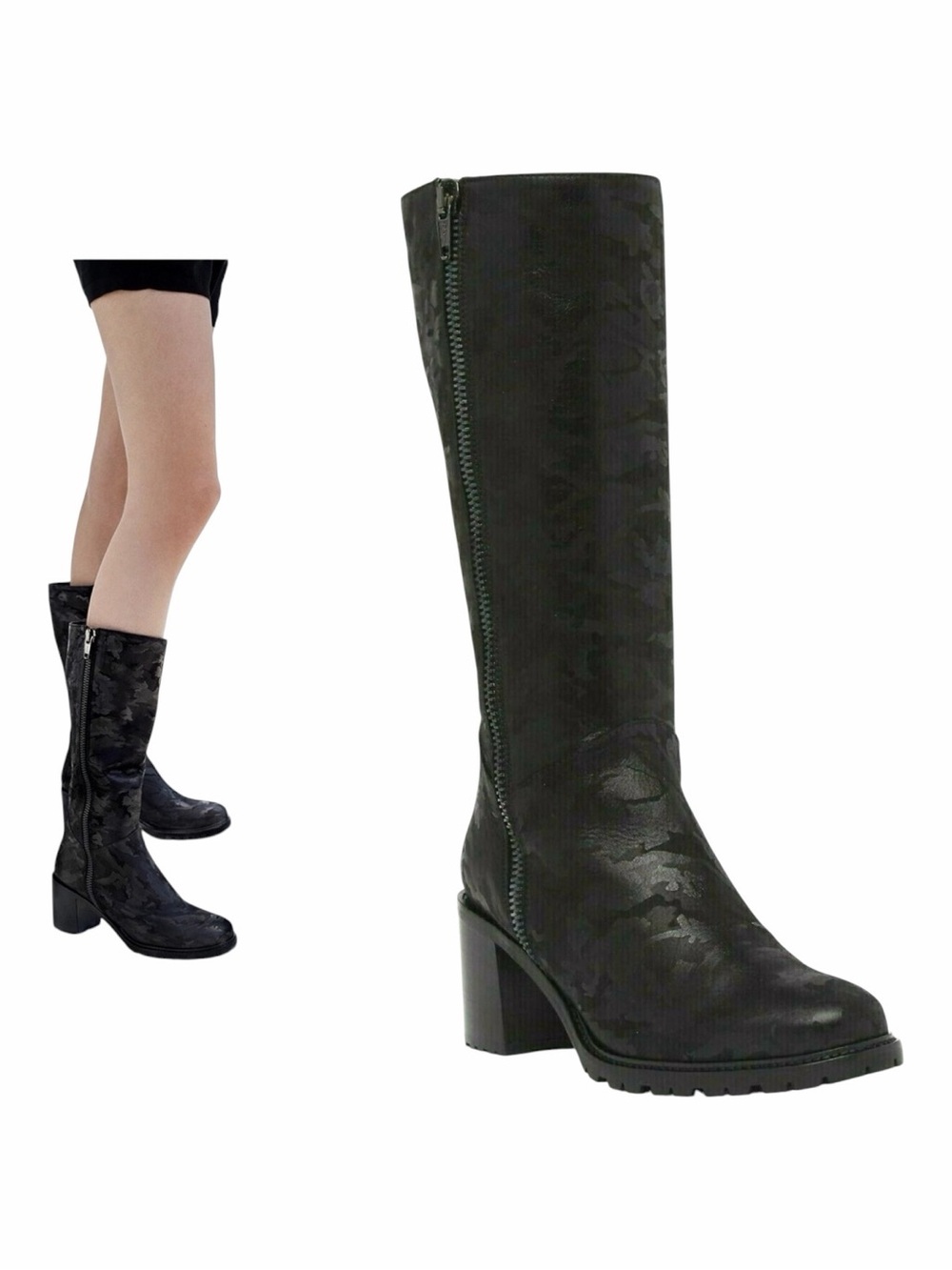 Ross & Snow Weatherproof Rosina Heeled Black Camo Leather Boots. Size 10.